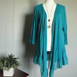 Kim Rogers Teal Cardigan Kimono with Ruffle 3/4 Inch Sleeves Size Large